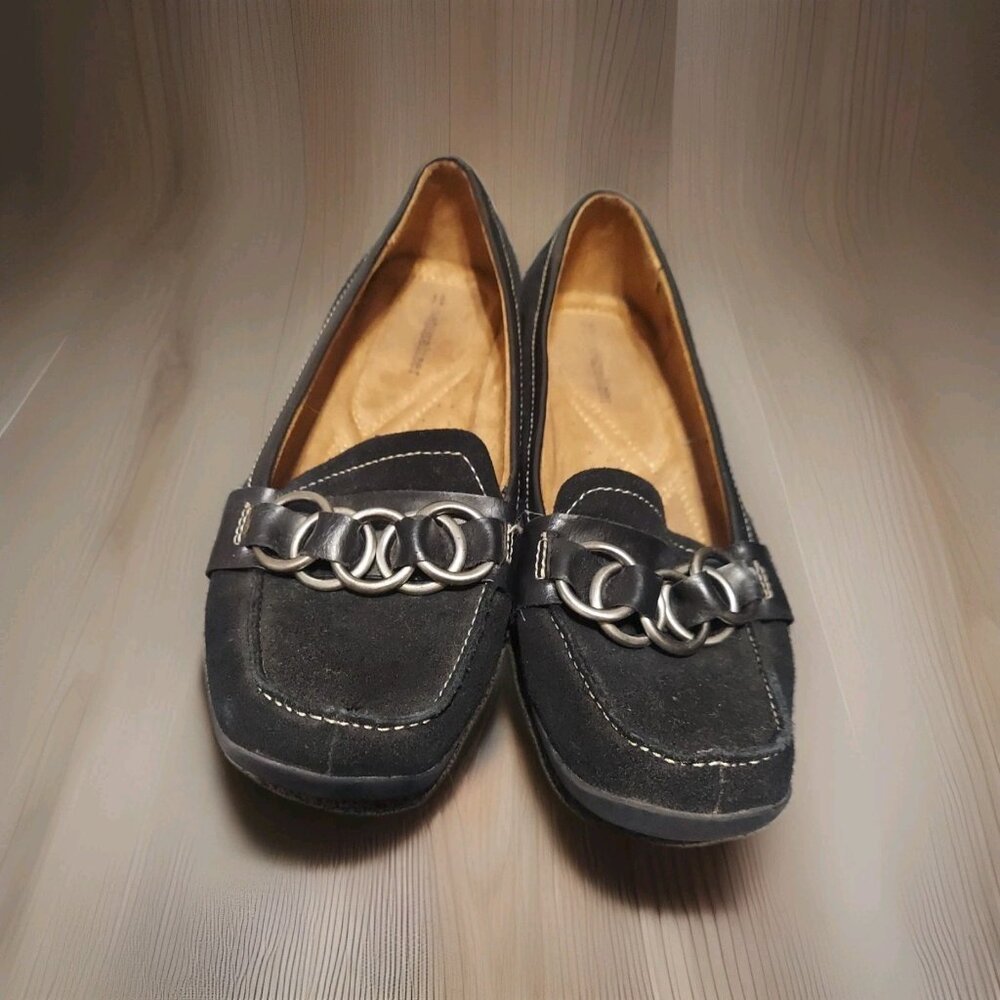 Naturalizer Shoes Womens Size 7.5‎ Click Ballet Loafers Black Leather Suede Slip